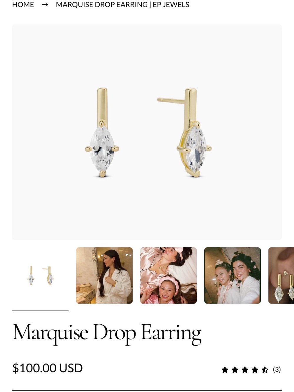 Marquise Drop Earrings in Gold with Clear Stone